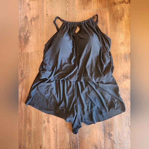 Aqua Green- Black Swimsuit Romper High Neck Swim Keyhole With Pockets OnePiece - Picture 5 of 8